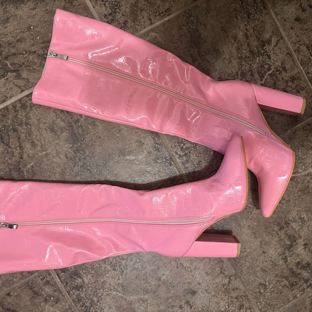 Pink patent gator mid calf boots